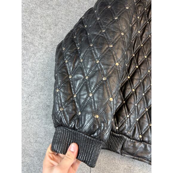 Vintage 90s Max Quilted Bomber Jacket Mens 4X Black Leather Studded Biker USA - Picture 4 of 6